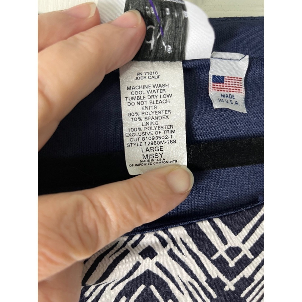 Jody California Midi Dress Womens Large Blue Geometric Chevron Stretch 3/4 Slv - Picture 4 of 8
